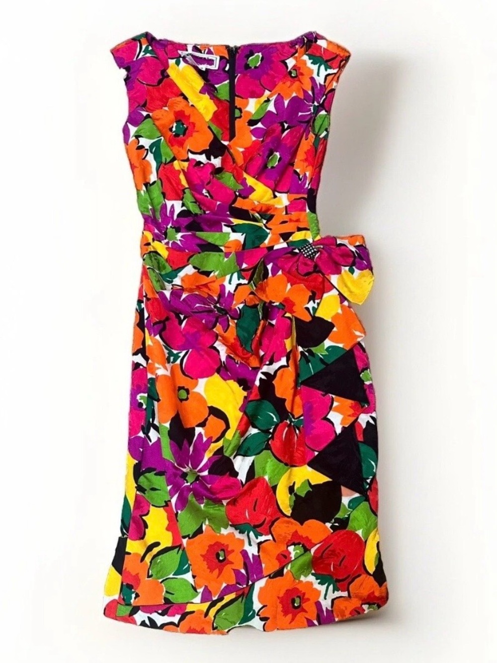Vintage 80s 90s 100% Silk A.J. Bari Floral Garden Party Knee Length Dress Sz 2